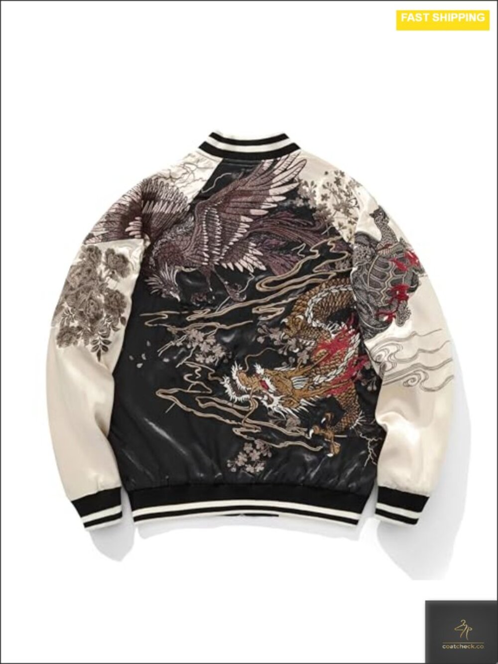 Satin Bomber Jacket Japanese Style Embroidered Dragon Phoenix
